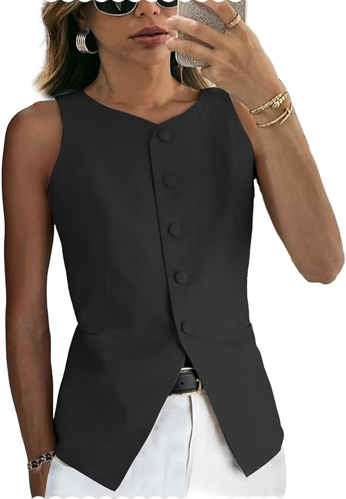 Women's Linen Waistcoat Slim Fit 5 Button V-Neck Dressy Suit Vest | Amazon (US)