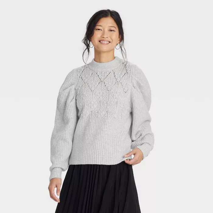 Women&#39;s Puff Sleeve Crewneck Pullover Sweater - A New Day&#8482; Gray L | Target