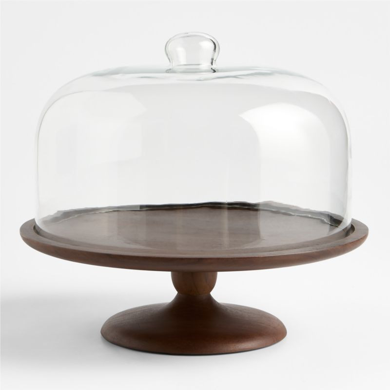 Madeira Walnut-Finished Acacia Wood Cake Stand with Glass Lid + Reviews | Crate & Barrel | Crate & Barrel