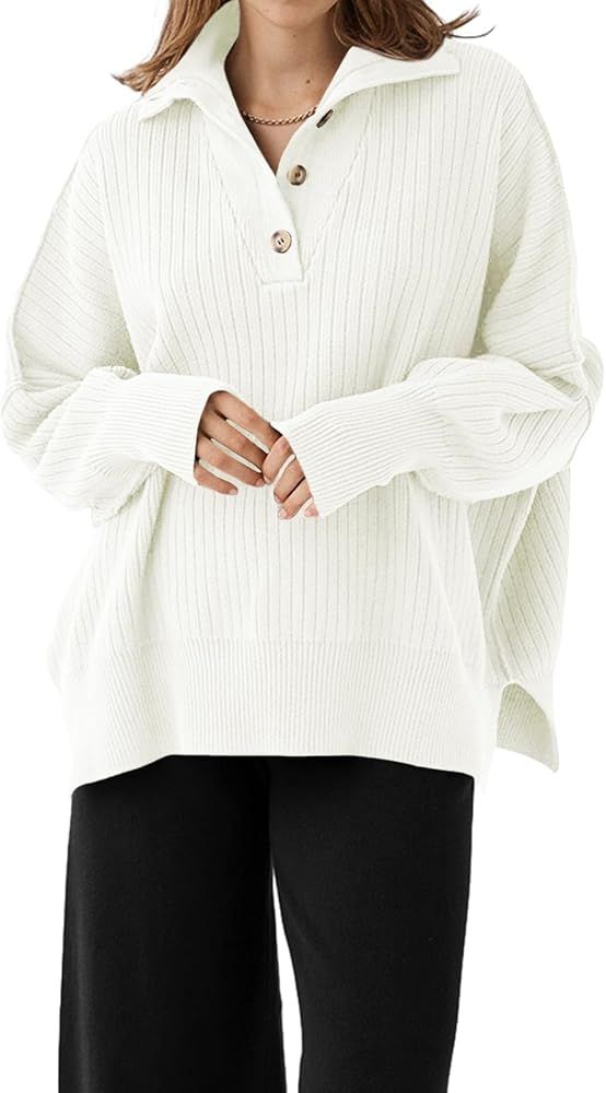 Langwyqu Womens Button Up V Neck Sweaters Batwing Long Sleeve Fall Oversized Side Slit Ribbed Kni... | Amazon (US)