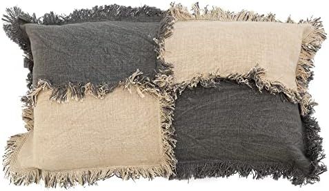 Bloomingville Woven Cotton Slub Color Block Lumbar Fringe, Beige and Charcoal Pillows, 24" L x 12... | Amazon (US)