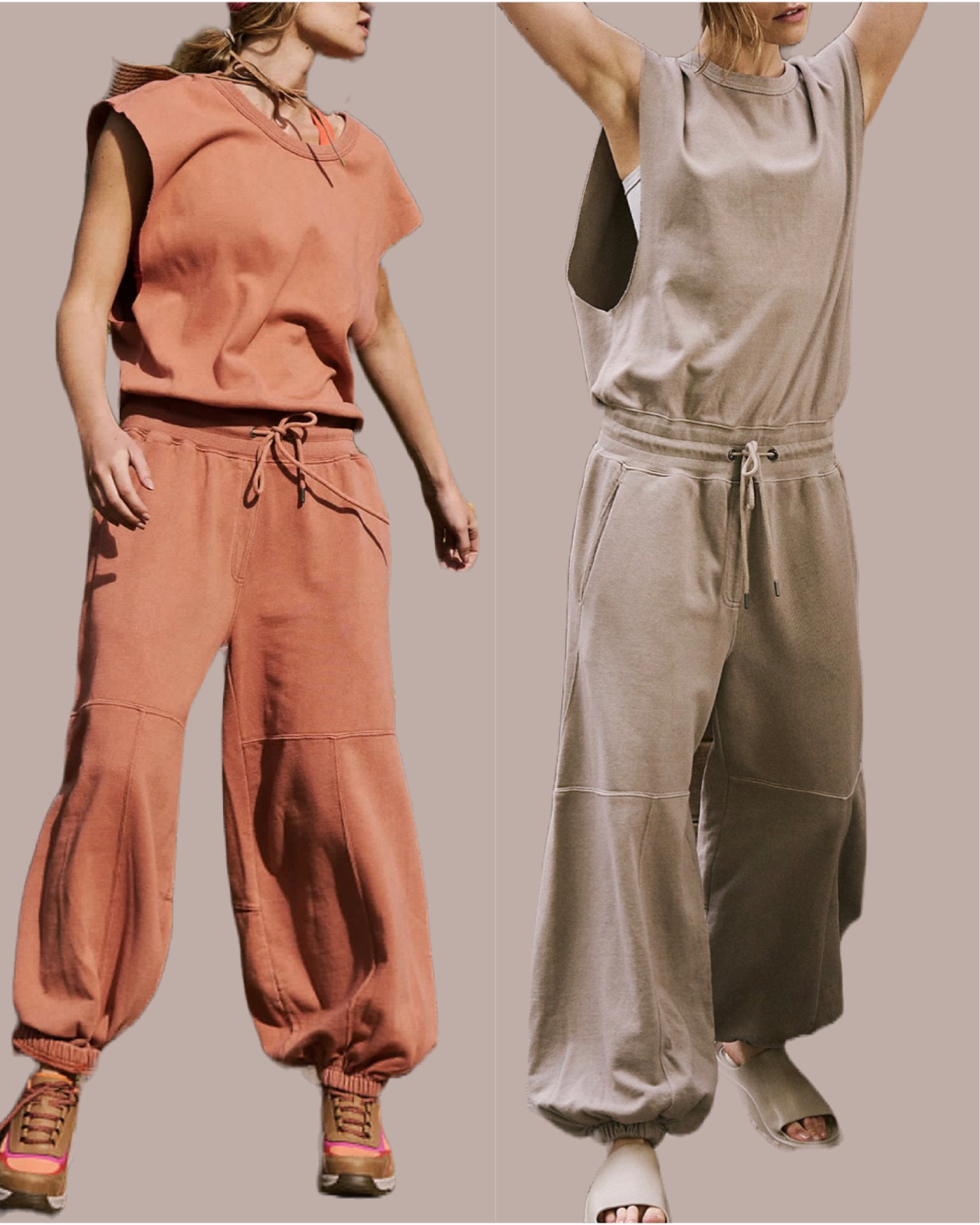 Designed to be thrown on over your favorite workout set this easy onesie is featured in a breathable fabrication and sleeveless silhouette with a cinched waist and billowy legs.

Fit: Relaxed fit, ankle-length, pull-on style
Features: Breathable design, billowy legs in a soft terry fabrication, crew-neckline, sleeveless silhouette with dropped armholes, cinched waist with adjustable drawstring, pockets for hands, cinched bottom hemlines, cutout at back with a snap-button closure
Why We <3 It: This ultra-comfy onesie can be pulled on post-workout and before lounging.

#LTKtravel #LTKunder100 #LTKfit