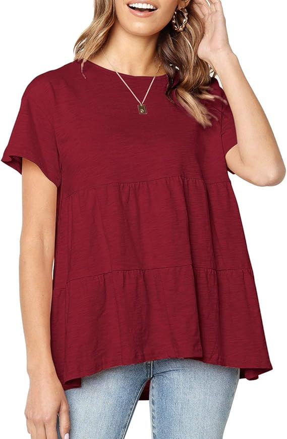 Defal Women's Summer Short Sleeve Loose T Shirt High Low Hem Babydoll Peplum Tops | Amazon (US)