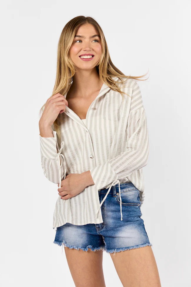 Cruel Summer Tan and Ivory Striped Gauze Button Down Top SALE | Pink Lily