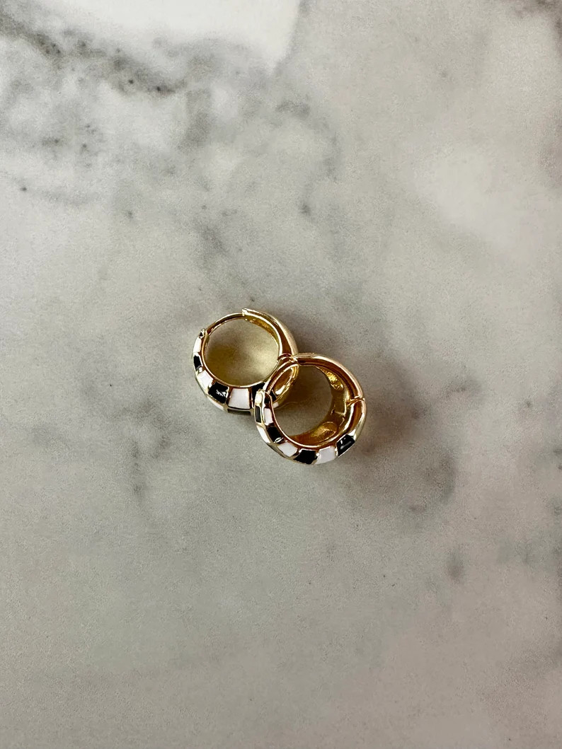 Black and White Checkered Huggie Earrings, Small Hoops, Checkered Earrings, Gold Earrings, Huggie... | Etsy (US)