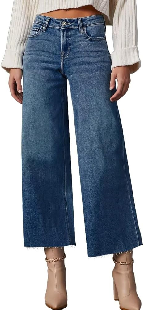 Allimy Women's High Waisted Straight Ankle Wide Leg Ripped Jeans Frayed Hem Stretchy Capri Denim ... | Amazon (US)