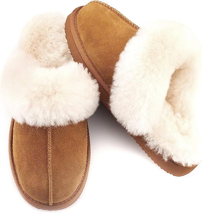 Parfeying Women's Sheepskin Slip On House Slippers Indoor Outdoor Shearling Shoes for Women | Amazon (US)