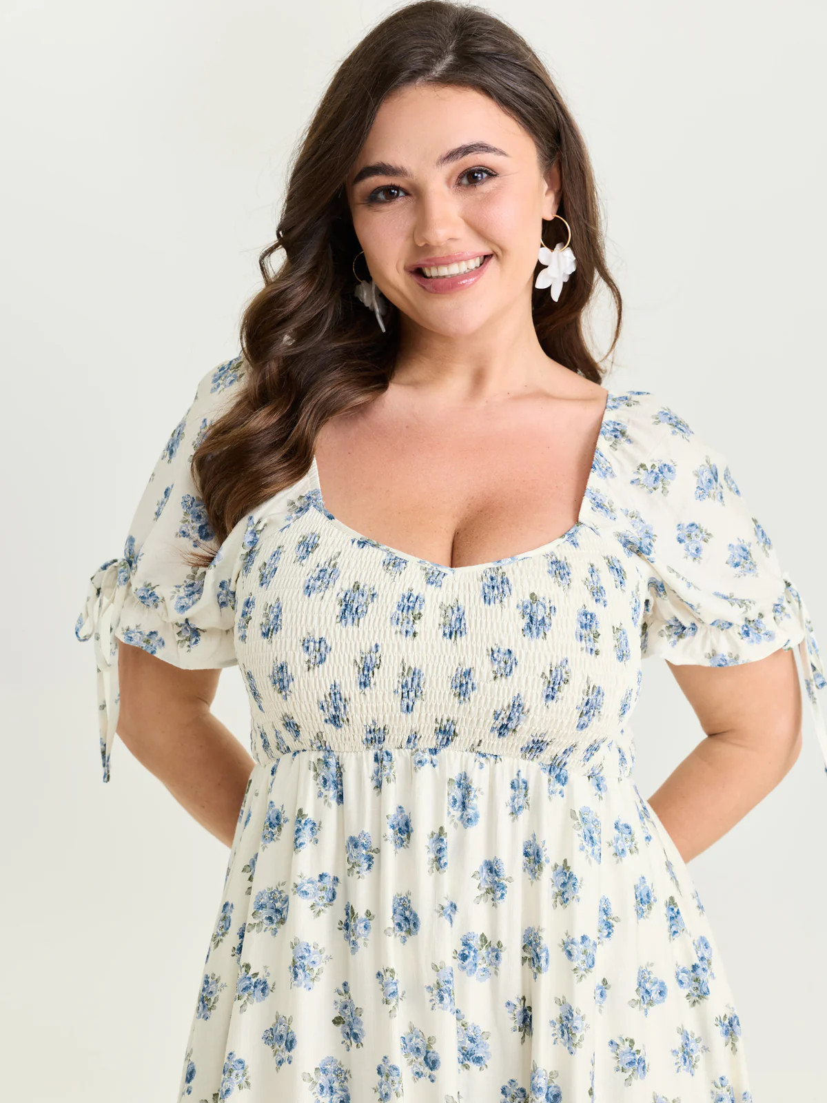 Floral Print Shirred Bodice Sleeve-Tie Maxi Dress | Bloomchic
