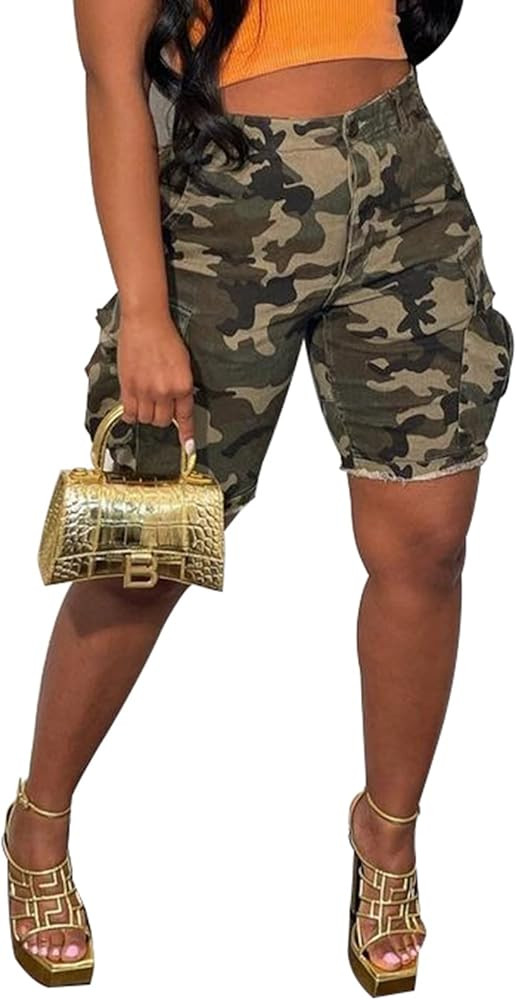 Women's Camo Cargo Shorts High Waisted Army Fatigue Shorts Camouflage Denim Short Pants Mid-Lengt... | Amazon (US)