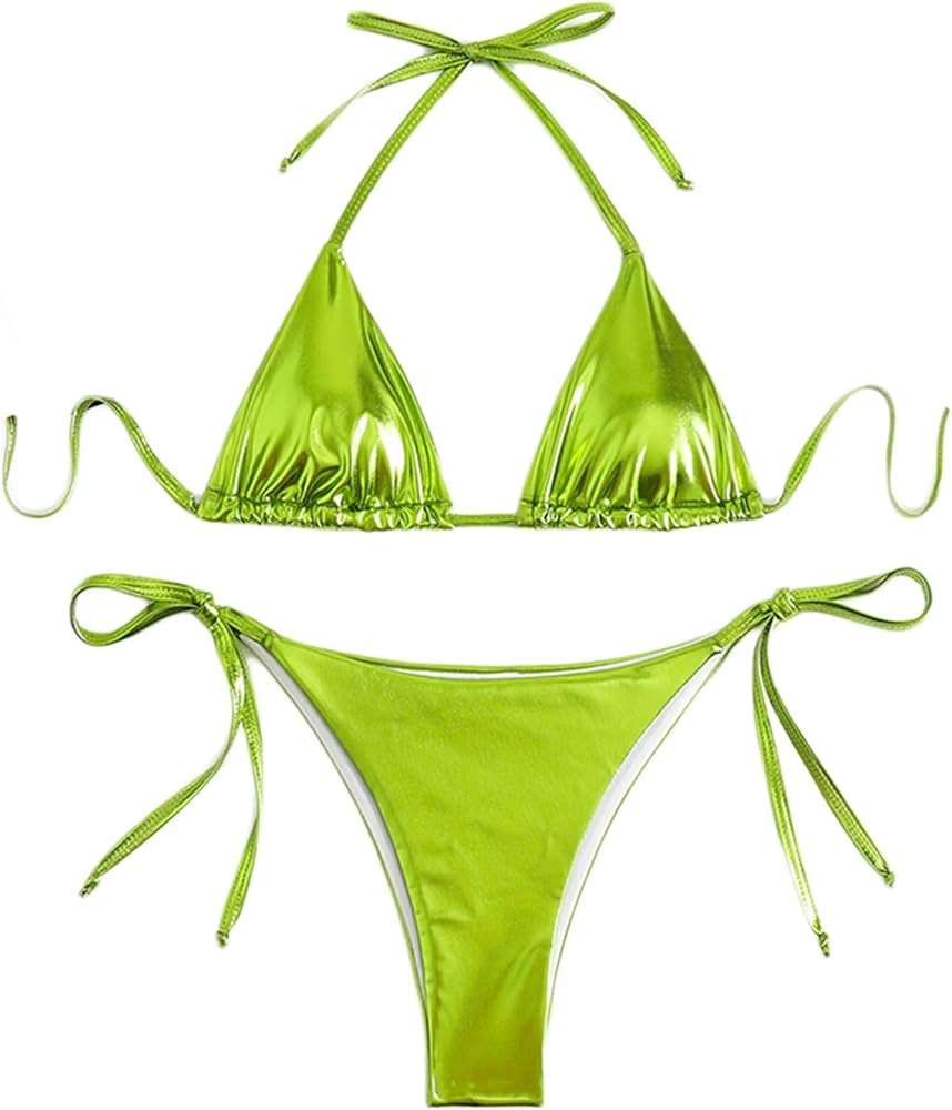 Falainetee Women's Metallic Shiny Bathing Suit High Waisted Triangle Tie Side Swimsuit Bikini Set | Amazon (US)