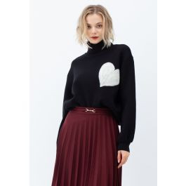 Embroidered Heart High Neck Knit Sweater in Black | Chicwish