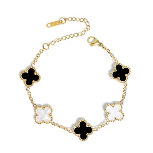 SHUNLCD 18K Gold Plated Clover Lucky Bracelet for Women, Cute Trendy Flower Link Bracelets Jewelry, Christmas Valentine's Day Gifts (Black White) | Amazon (US)