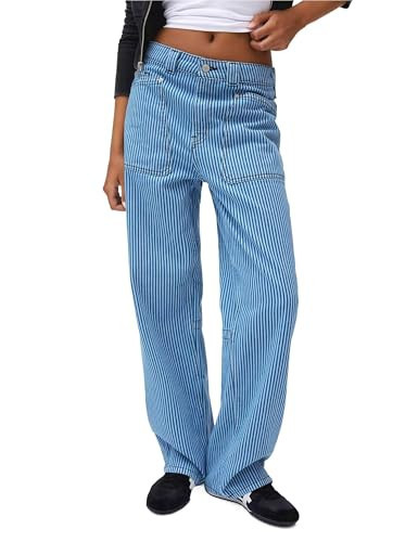 HOCANDY Womens Striped Pants Barrel Jeans Baggy Streetwear Pants Zip Off Casual Low Rise Wide Leg Trouser with Pockets Sky Blue White | Amazon (US)