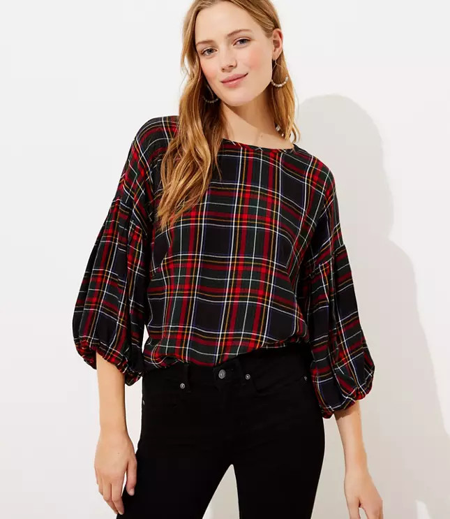 Plaid Button Back Balloon Sleeve Blouse | LOFT | LOFT