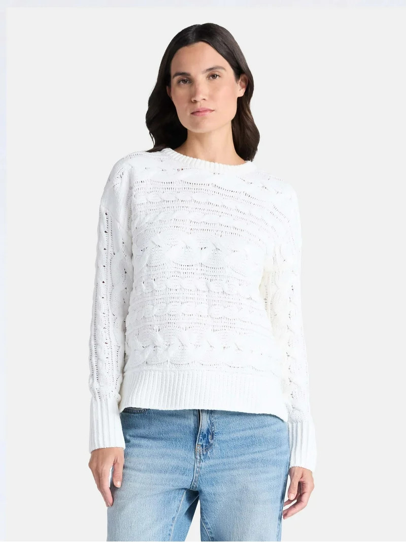 Time and Tru Women's Chenille Cable Knit Crewneck Sweater, Midweight, Sizes XS-XXXL | Walmart (US)