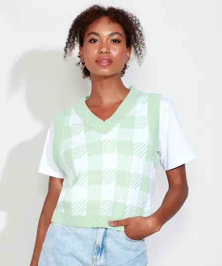Colete de Tricô Feminino Mindset Estampado Xadrez Vichy Decote V Verde Claro | C&A (BR)
