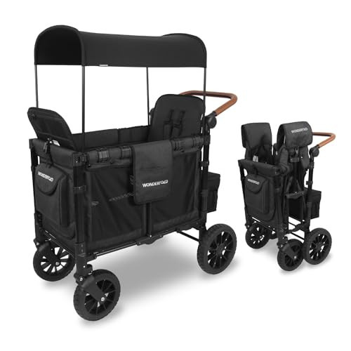 WONDERFOLD W2 Luxe Stroller Wagon (2 Seater) - Collapsible Wagon Stroller with Seats with Magnetic Buckle 5-Point Harnesses and Adjustable Sun Canopy, Volcanic Black | Amazon (US)