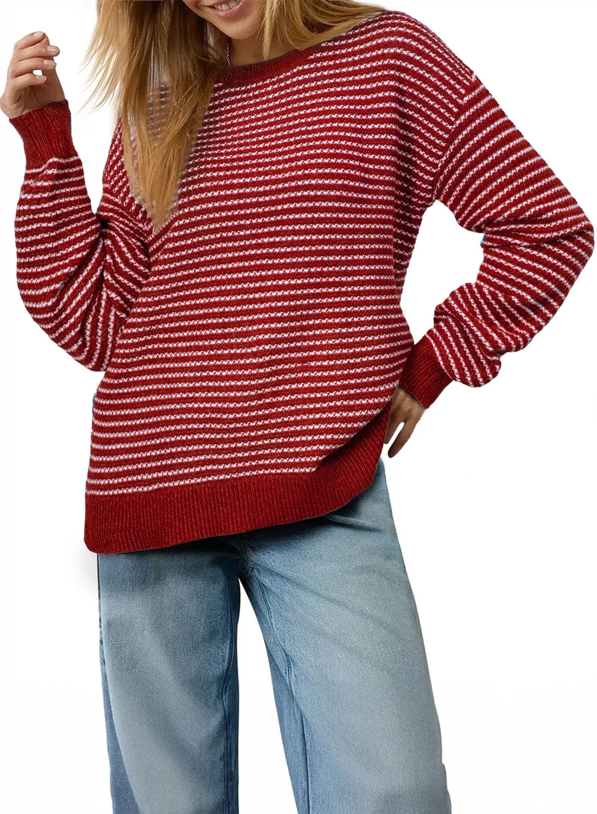 DOKOTOO Ladies Sweaters Long Sleeve Striped Knit Womens Sweaters Loose Crewneck Side Split Pullov... | Walmart (US)