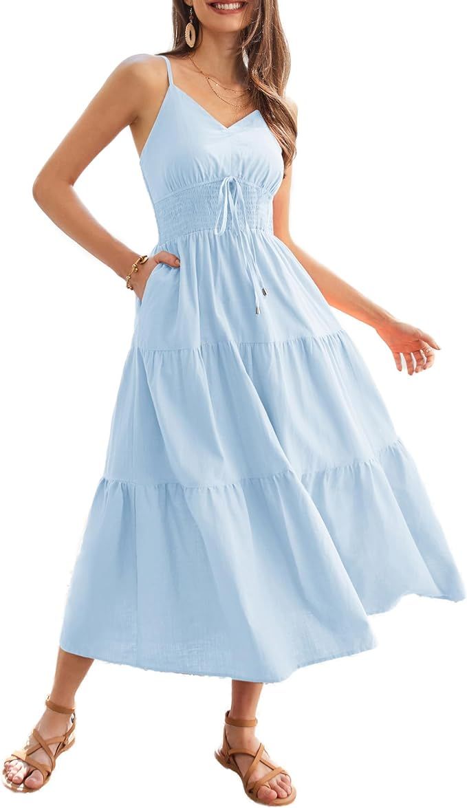 GRACE KARIN Women's Cotton Dresses Summer 2024 Spaghetti Strap V Neck Ruffle Tiered Flowy Dresses | Amazon (US)