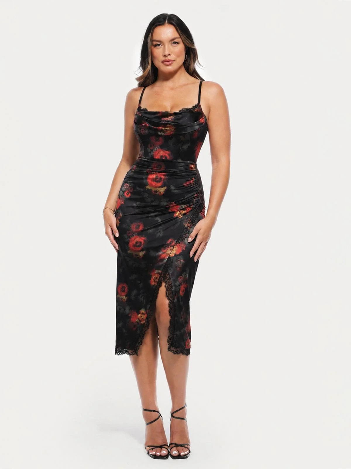 Lace Trim Sculpting Floral-Print Midi Dress Burgundy Floral / XXL | Popilush