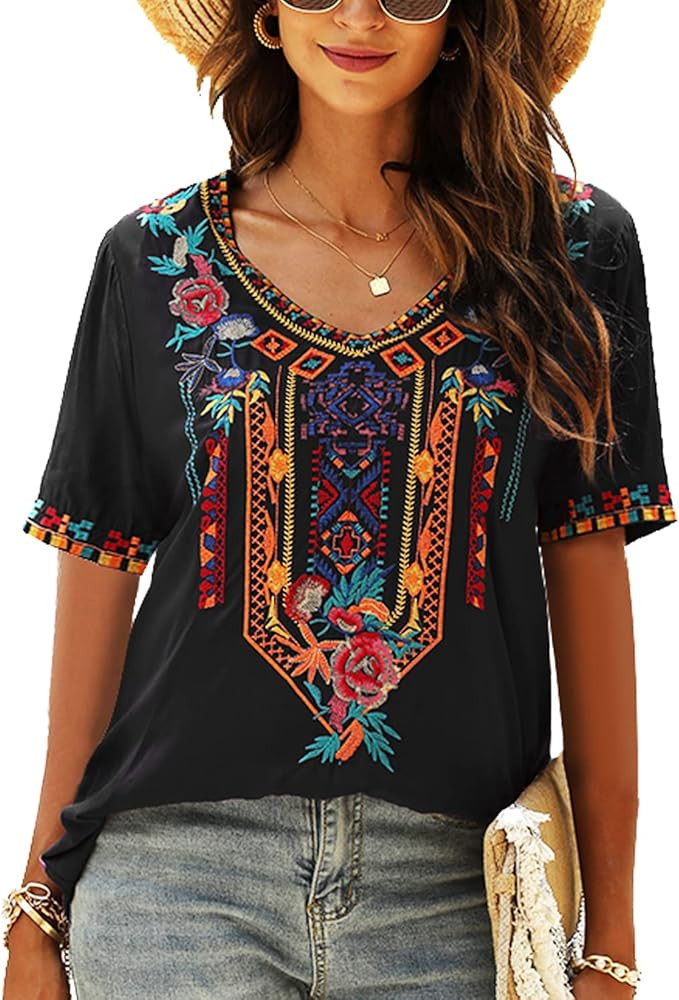 AK Women's V Neck Casual Summer Blouse, Boho Embroidered Mexican Peasant Tops Short Sleeve Shirts... | Amazon (US)