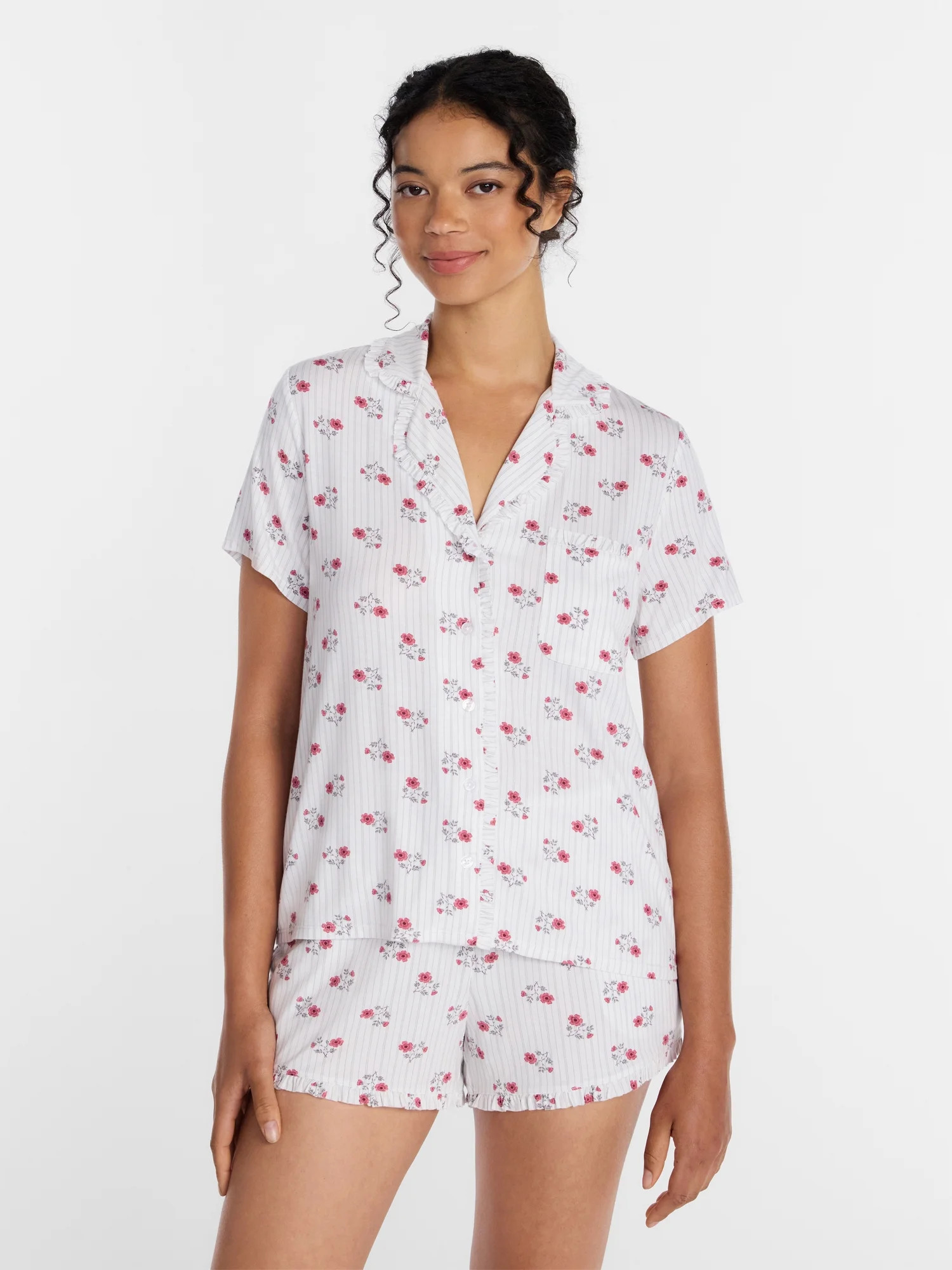 Joyspun Women’s Modal-Blend Ruffle Trim Notch Collar Top and Shorts Pajama Set, 2 Piece, Sizes ... | Walmart (US)