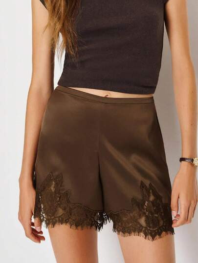 Women Lace Trim Satin Shorts Elastic Waist Lace Patchwork Silk French Knickers Coquette Pj Shorts Soft Slip Bottoms | SHEIN