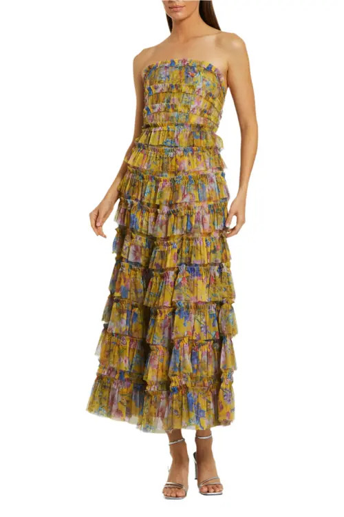 Mac Duggal Printed Mesh Ruffle Strapless Midi Dress in Yellow Multi at Nordstrom, Size 6 | Nordstrom