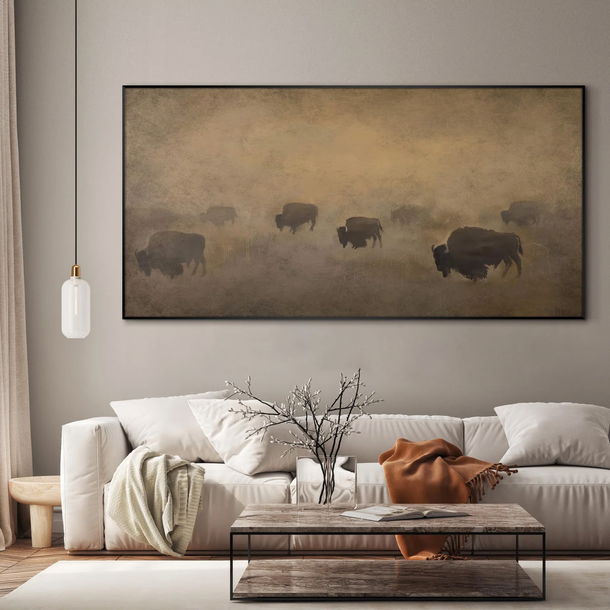 Buffalo Herd in Hazy Landscape Rustic Western Extra Large Wall Art Print Decor, Frame Assembly Re... | Wayfair North America
