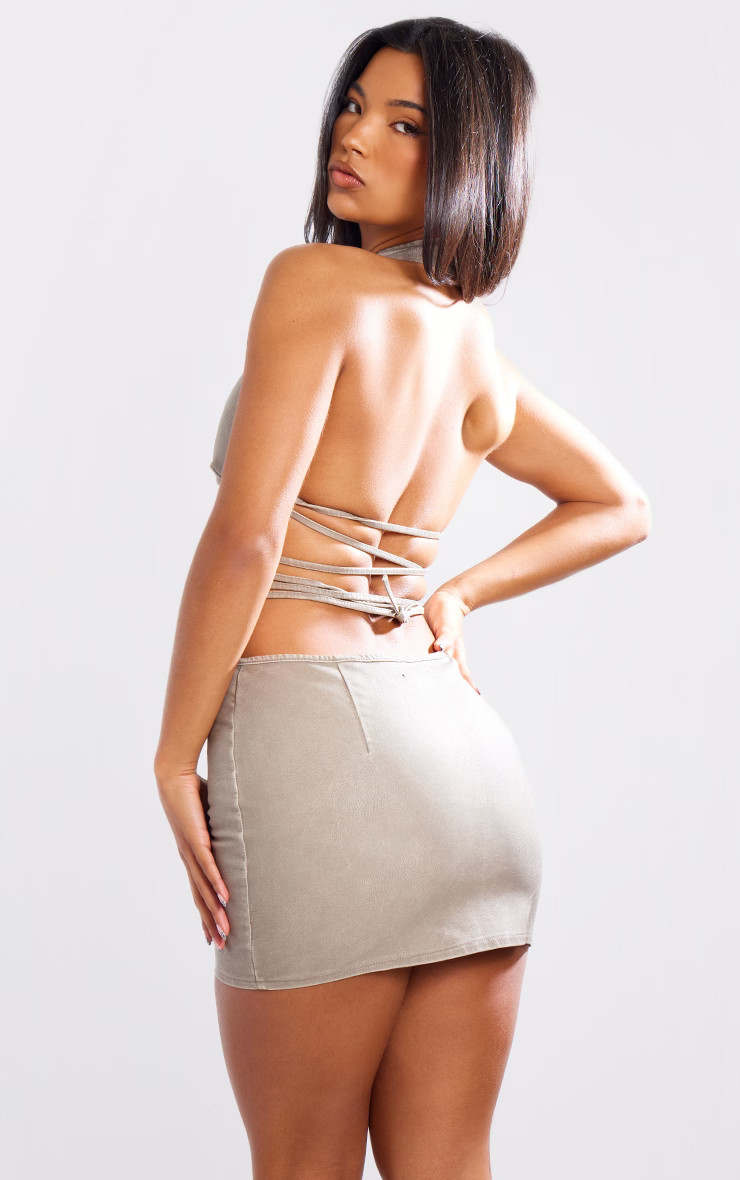 Grey Washed Faux Leather Zip Front Halterneck Corset | PrettyLittleThing UK