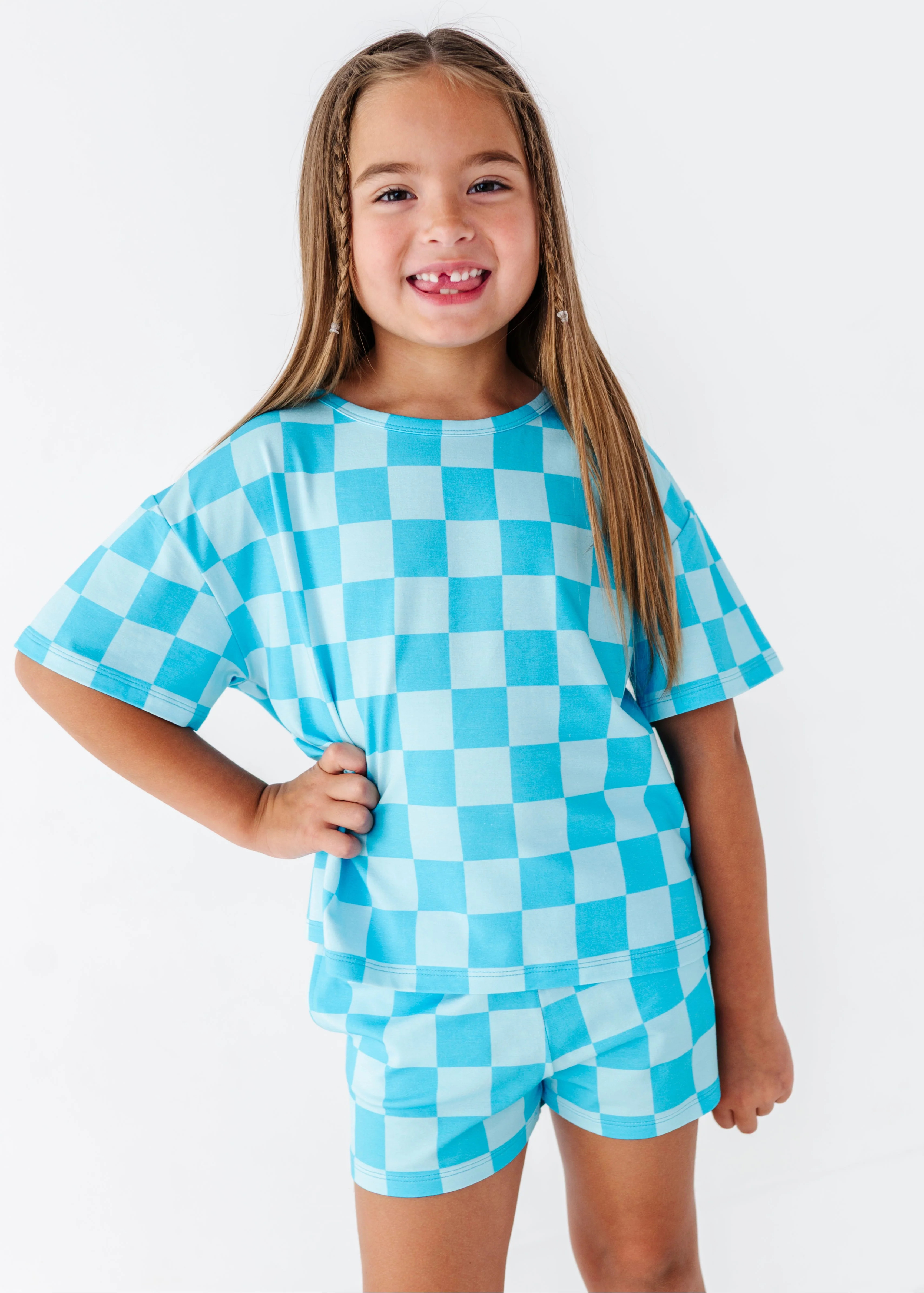 Blue Checker Bamboo Cotton Girls T-Shirt Set | Birdie Bean