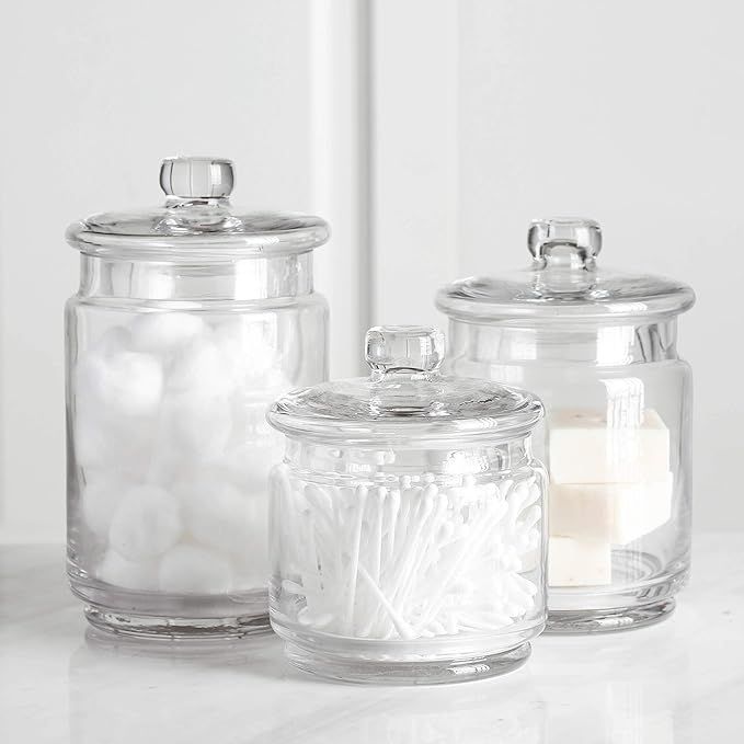 Whole Housewares Clear Glass Apothecary Jars-Cotton Jar-Bathroom Storage Organizer Canisters Set ... | Amazon (US)