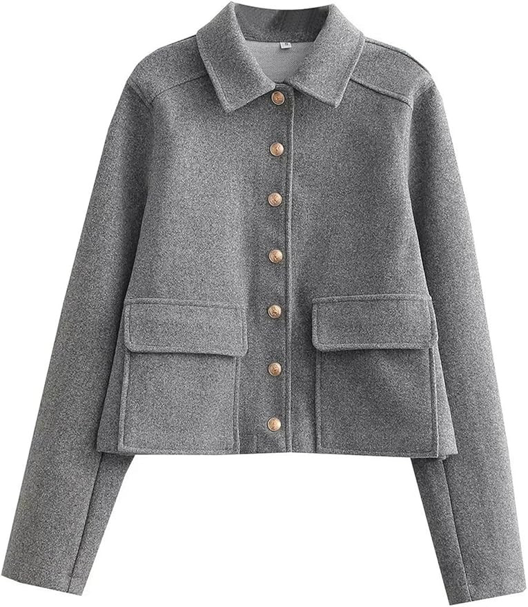 Wyeysyt Women's Wool Coats Lapel Cropped Bomber Jacket Button Down Casual Varsity Jacket with Poc... | Amazon (US)