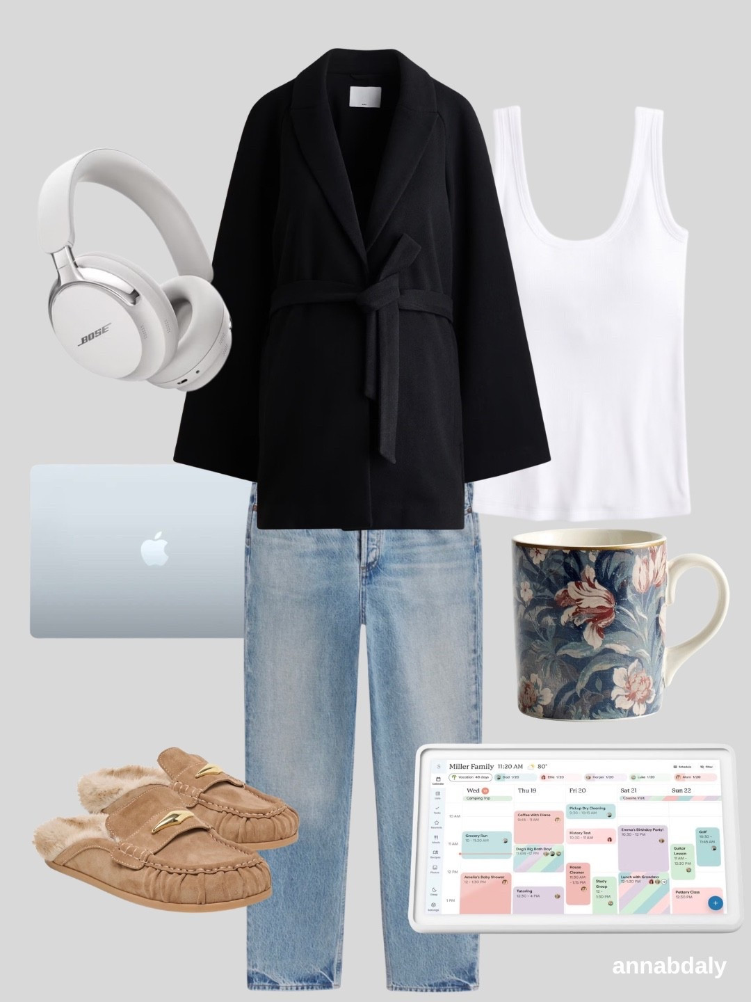 Work from home outfit inspo! These are the Romney jeans I keep talking about 😂 My favorite mid-rise pair—I could wear them every day, they’re THAT comfortable! Love this simple work-from-home outfit with a tank + cozy slippers. Found this black H&M coat that would be so cute to throw on when heading out this fall 🤍