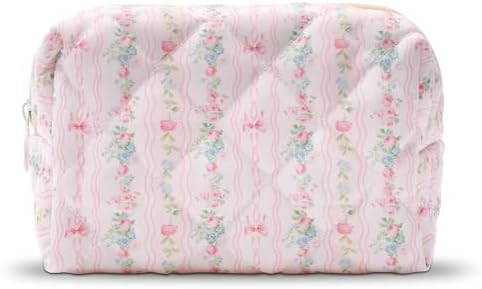 Quilted Makeup Bag, Floral Cotton Cosmetic Bag, Pink Flowers Coquette Makeup Pouch for Women Girl... | Amazon (US)