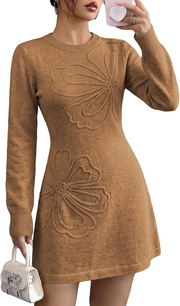BLENCOT Women Sweater Dress Long Sleeve Floral Embroidered Mini Dresses | Amazon (US)
