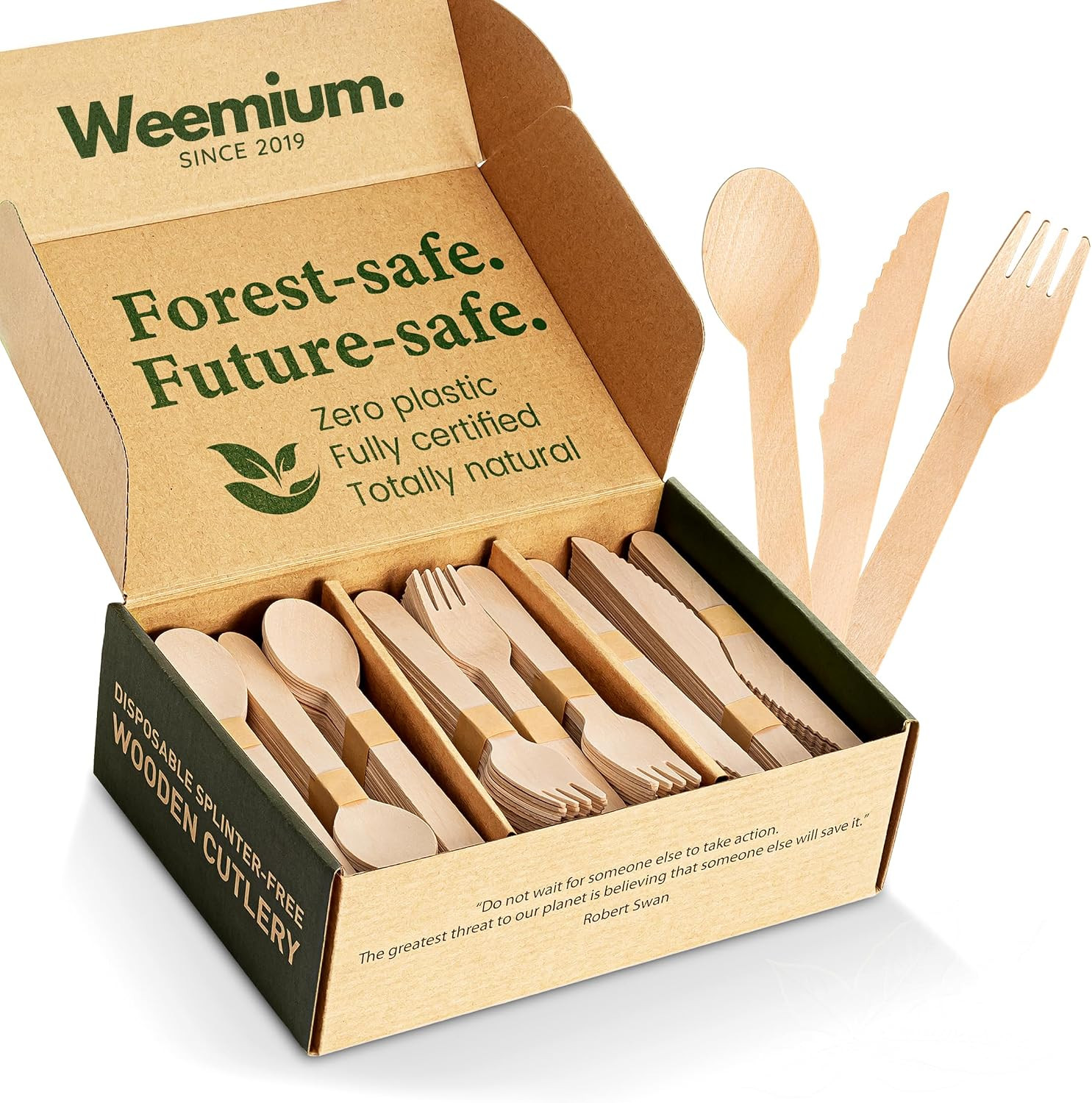 Weemium Disposable Wooden Cutlery Set - 300 Count (100 Forks, 100 Knives, 100 Spoons) – Plastic-free Packaging - Biodegradable Silverware and Splinter-free Compostable Utensils for Parties | Amazon (US)