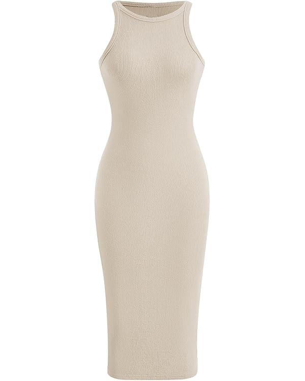 Verdusa Women's Basic Ribbed Knit Sleeveless Midi Tank Dress Crewneck Knit Bodycon Dress | Amazon (US)