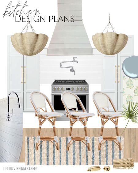 Our tentative kitchen design plans for our new Florida kitchen! Includes a woven scalloped chandelier, white swivel counter stools, a blue striped jute runner, block print fabric for Roman shades and chrome kitchen faucet and pot filler. See more design plans here: https://lifeonvirginiastreet.com/additional-coastal-design-boards-for-the-new-build/
.
#ltkhome #ltkseasonal #ltksalealert #ltkunder50 #ltkunder100 #ltkstyletip #ltkfind

#LTKhome #LTKSeasonal #LTKsalealert