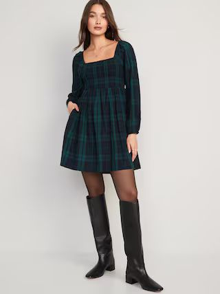 Fit &#x26; Flare Plaid Smocked Cutout Seersucker Mini Dress for Women | Old Navy (US)