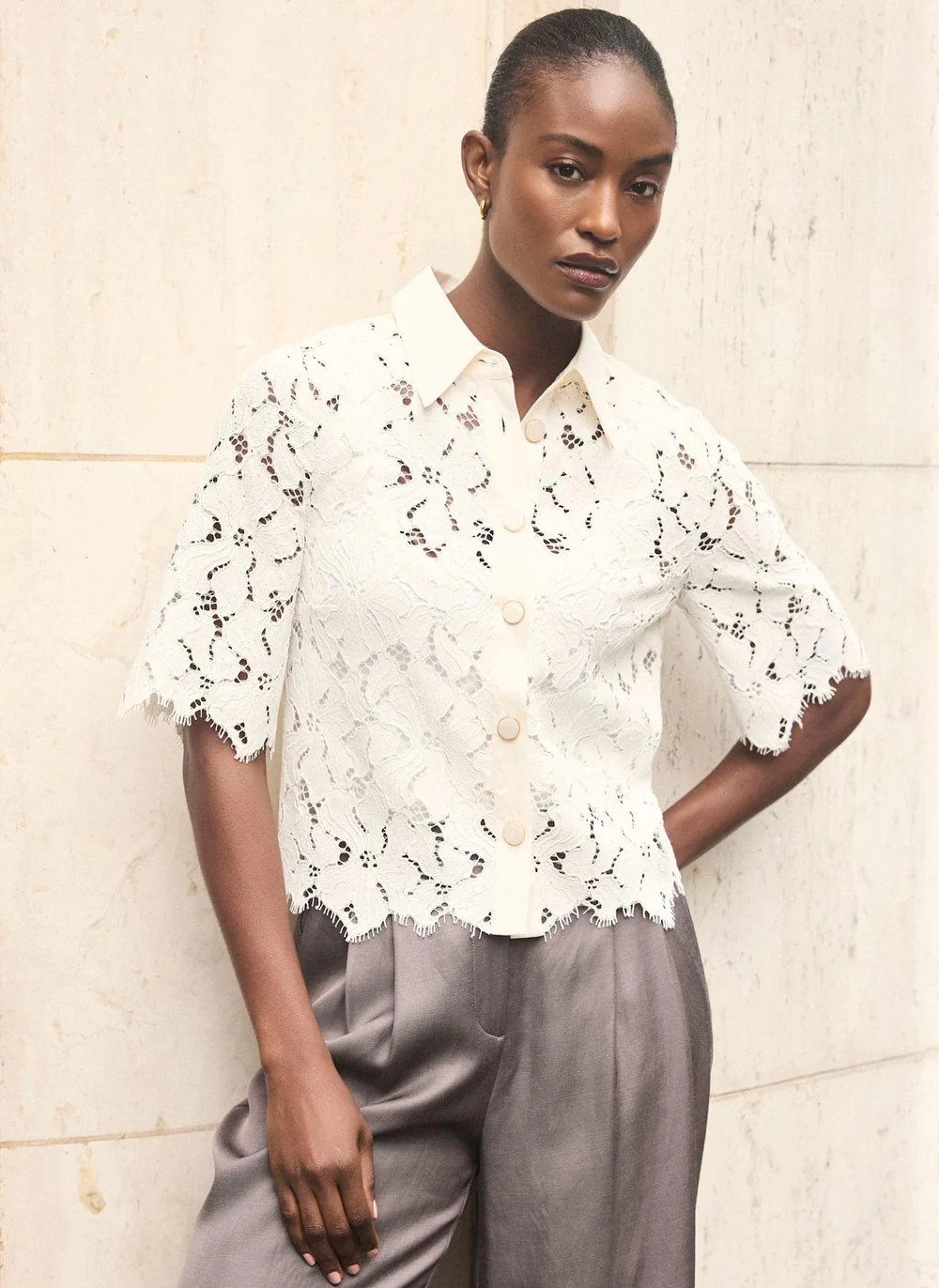 White Lace Short Sleeve Cropped Shirt | Mint Velvet