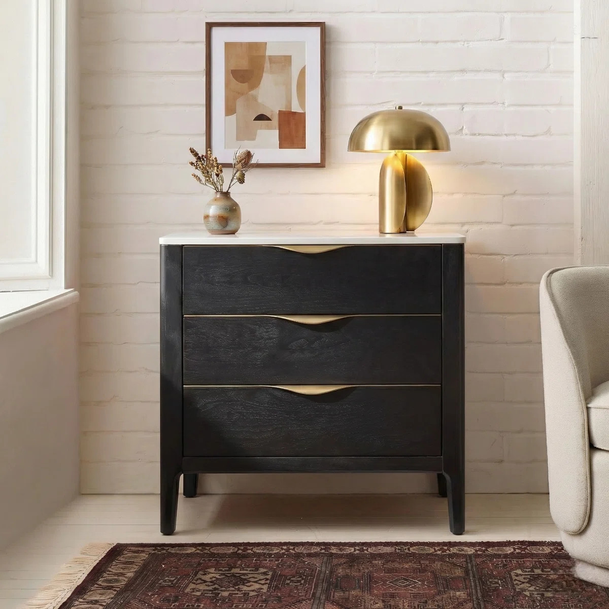 Burdine Modern 25.75'' W 3-Drawer Elegant Marble Top Nightstand with Built-In Power Outlet | Wayfair North America