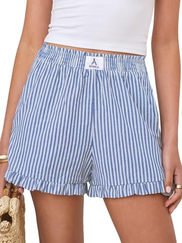 ANRABESS Womens Ruffle Boxer Shorts Pajama Gingham Shorts Summer Casual Lounge Sleep Plaid Beach Bottoms Pockets 2026 Trendy Blue White Stripe Medium | Amazon (US)