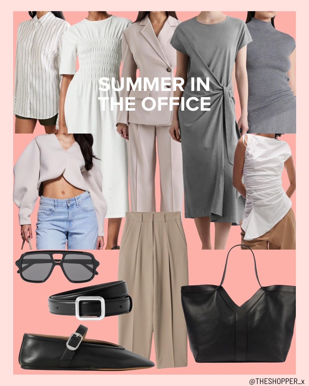 Summer In The Office
White smocked ruched midi dress, tailored beige brown trousers, beige puff cropped jacket, white ruched top, blazer and trousers coord, black leather belt, grey top, grey midi dress with wrap tie, black ballet flats, black leather bag, sunglasses aviator 

#LTKsummer #LTKuk #LTKworkwear
