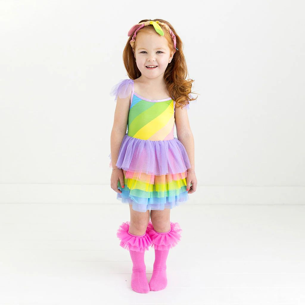 Rainbow Multi Ruffled Smocked Girl Tulle Dress | Rainbow Stripe | Posh Peanut