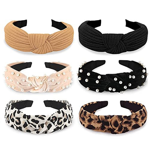 WOVOWOVO Headbands for Women Girls Thick Turban Velvet Knotted Headband Wide Pearl, Top Knot Head Bands for Women’s Hair Band, 6Pcs | Amazon (US)