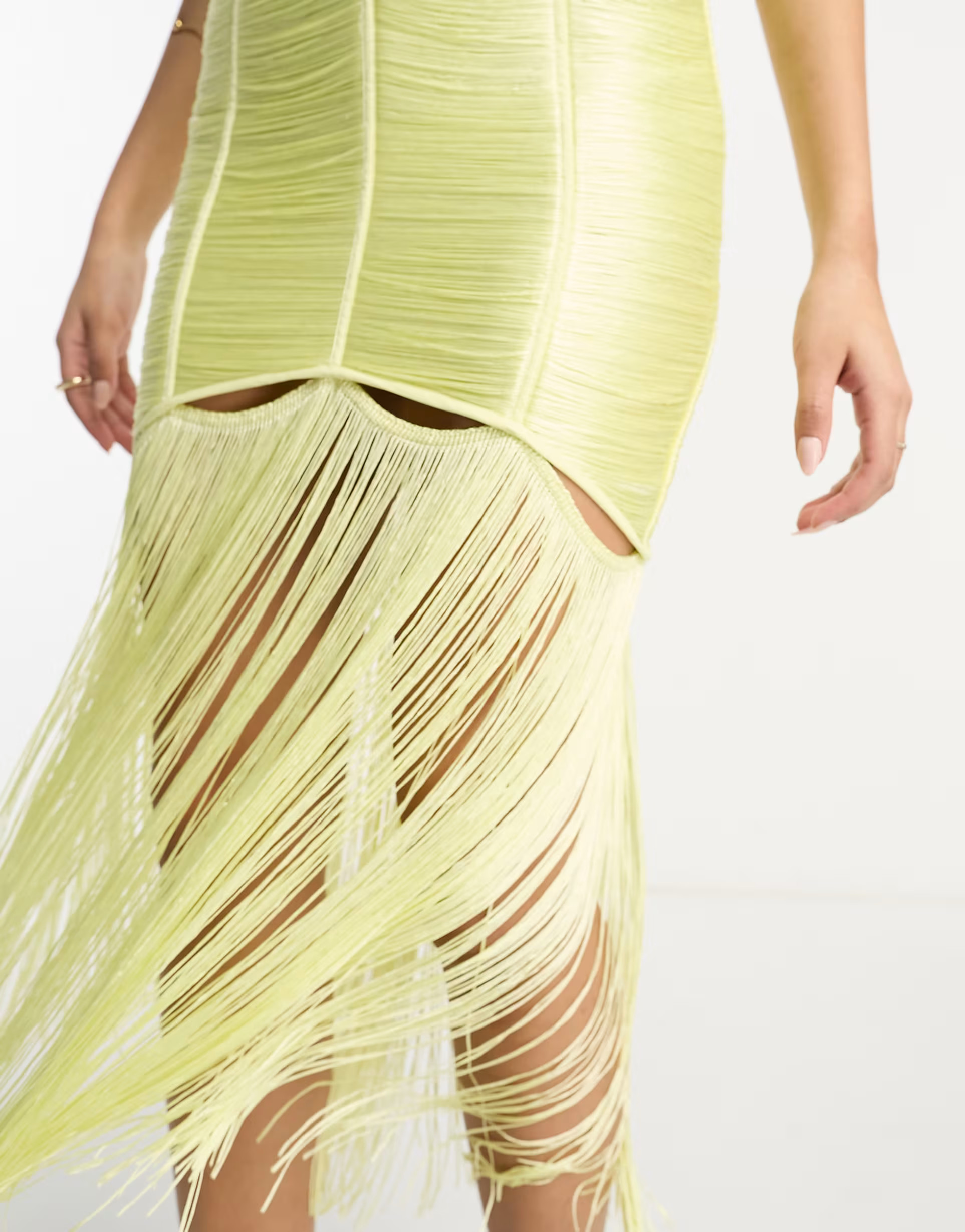ASOS DESIGN fringe shift midi dress with cut out detail in yellow | ASOS (Global)