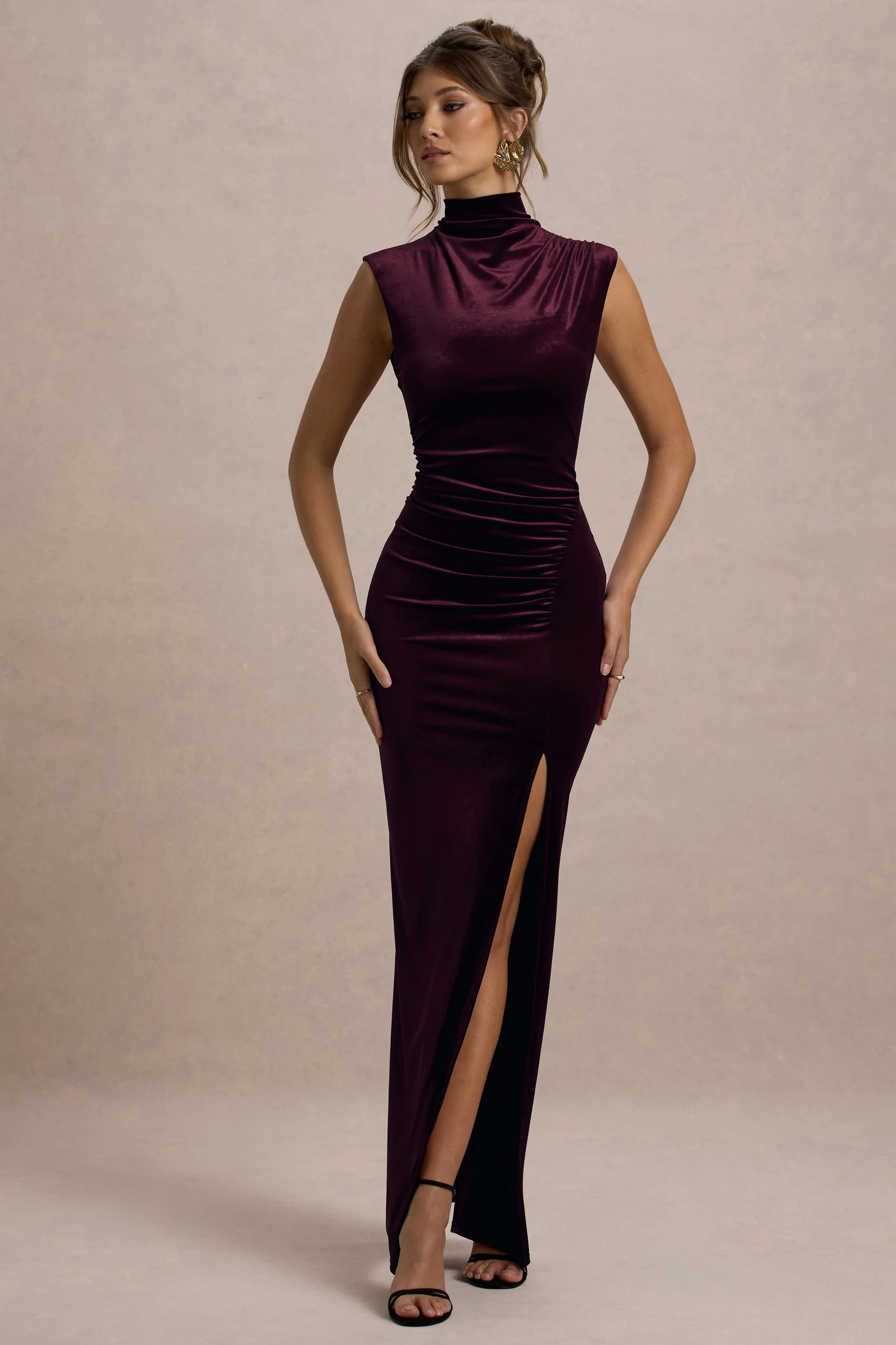Abilene | Port Velvet High-Neck Split Maxi Dress | Club L London