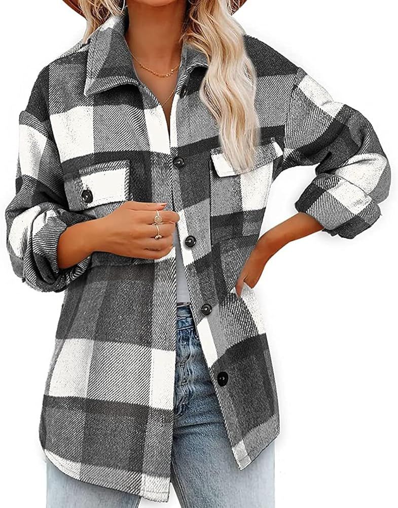 AUTIWITUA Women's Brushed Plaid Shirts Long Sleeve Casual Flannel Lapel Button Down Pocketed Shacket | Amazon (US)