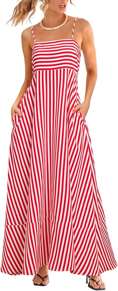 CUPSHE Womens Summer Maxi Dress Casual Sleeveless Square Neck Striped Beach Long Dress with Pocke... | Amazon (US)